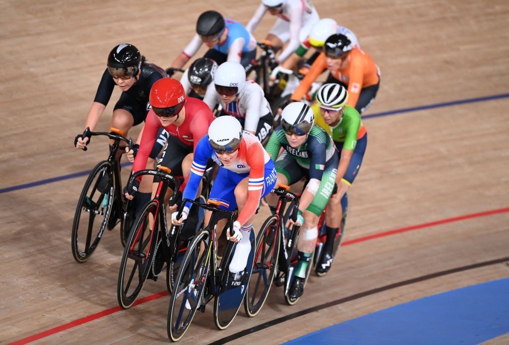 Frances Clara Copponi front competes in the womens track cycling omnium elimination race during the Tokyo 2020 Olympic Games at Izu Velodrome in Izu Japan on August 8 2021 Photo by Peter PARKS AFP Photo by PETER PARKSAFP via Getty Images