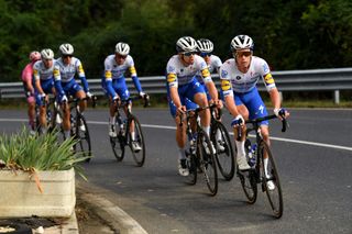 SAN DANIELE DEL FRIULI ITALY OCTOBER 20 Alvaro Jose Hodeg Chagui of Colombia and Team Deceuninck QuickStep Davide Ballerini of Italy and Team Deceuninck QuickStep Iljo Keisse of Belgium and Team Deceuninck QuickStep during the 103rd Giro dItalia 2020 Stage 16 a 229km stage from Udine to San Daniele Del Friuli 249m girodiitalia Giro on October 20 2020 in San Daniele Del Friuli Italy Photo by Tim de WaeleGetty Images