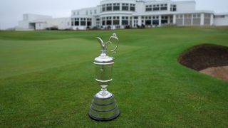 A detailed view of the Claret Jug on the 18th green at Royal Birkdale on April 27, 2026 in Southport, England. 
