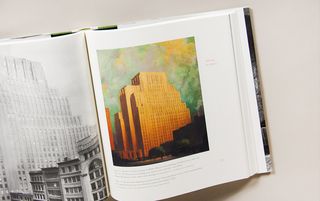 A spread from the book shows a rendering of the Western Union Building - designed by Voorhees, Gmelin & Walker - painted by Chester B Price. Price's artwork shows the original fade from deep red at the base to pink at the building's crown.