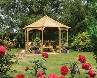 A garden gazebo in natural timber