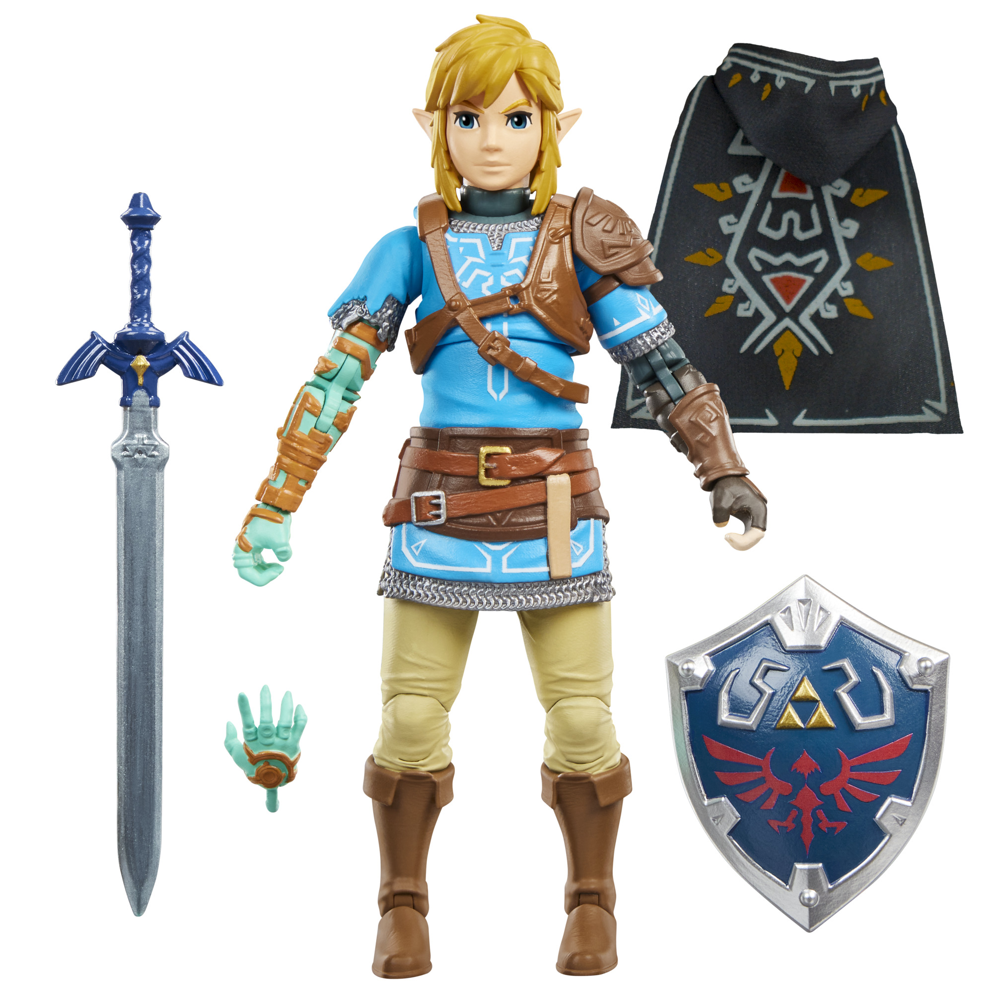 Link in his blue Champion outfit, surrounded by the Master Sword, Hylian Shield, and cloak