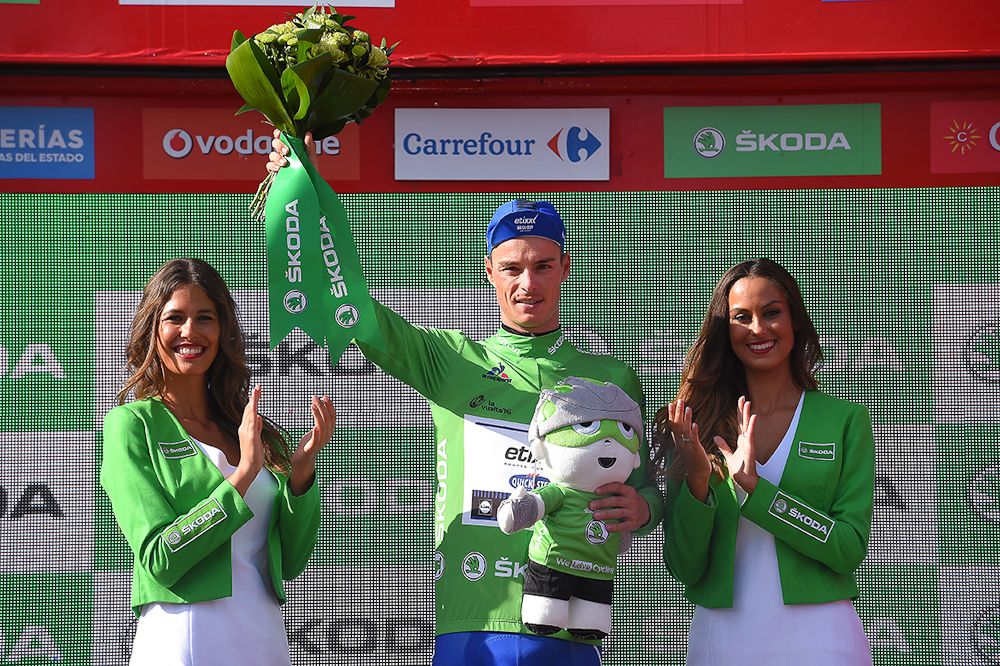 Gianni Meersman in the points jersey on the stage 7 podium