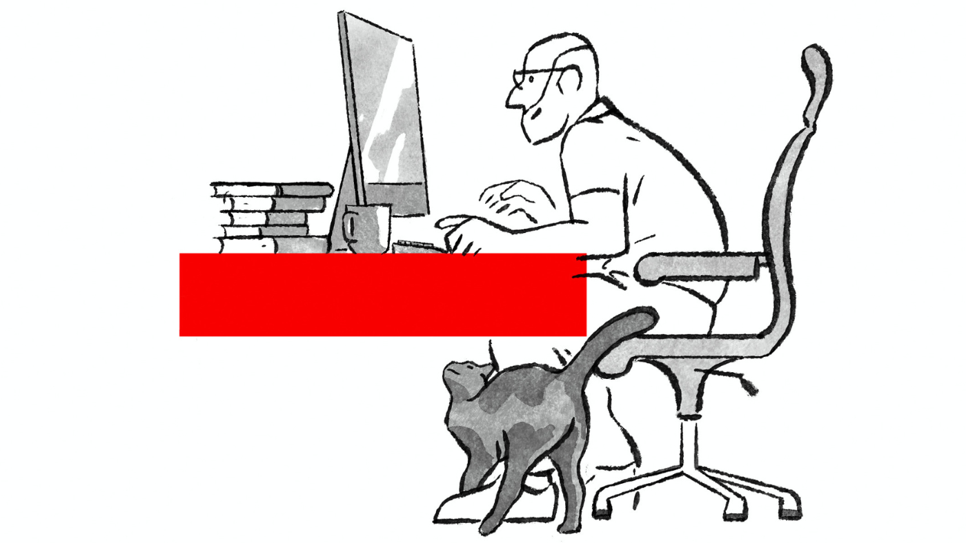Illustration of a man reading a desktop computer 