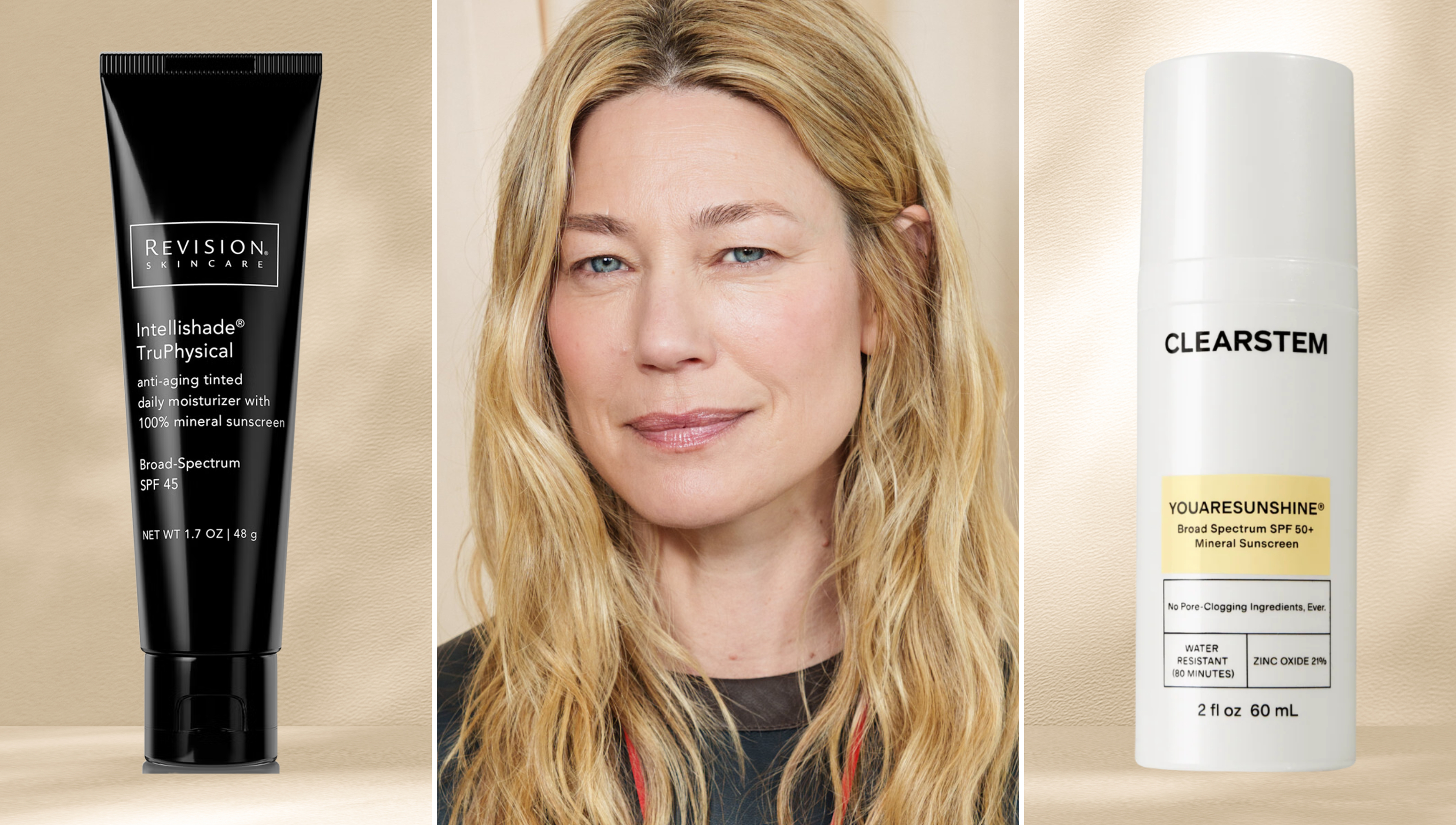 a woman who is 50+ looking over her should against a sunny background next to two sunscreens for mature skin