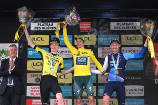 Primož Roglič tops the 2024 Criterium du Dauphine podium ahead of Matteo Jorgenson and Derek Gee.