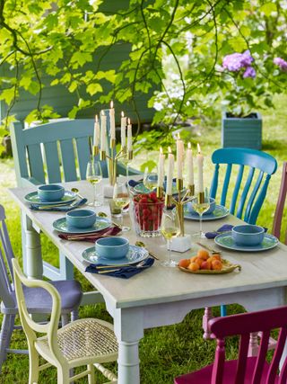 colorful chairs around table