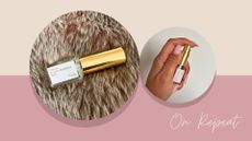 A mini bottle of Maison Francis Kurkdjian's Kurky next to a shot of Aleesha spraying it