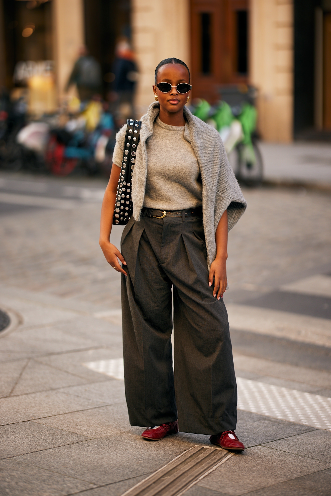 Fashion week attendee wearing wide leg pants