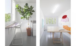 Botzaris by Ariel Claudet, Dechelette Architecture - side by side images. Left: An indoor plant next to a side-board desk and chair. Right: A large table in a room with wall art.