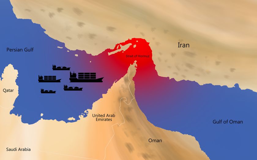 Map of the Middle East highlighting the Strait of Hormuz as a high-risk maritime zone between Iran and Oman. Concept illustration showing cargo ships and oil tankers avoiding the area due to security threats and geopolitical tension affecting global shipping and energy transport routes.