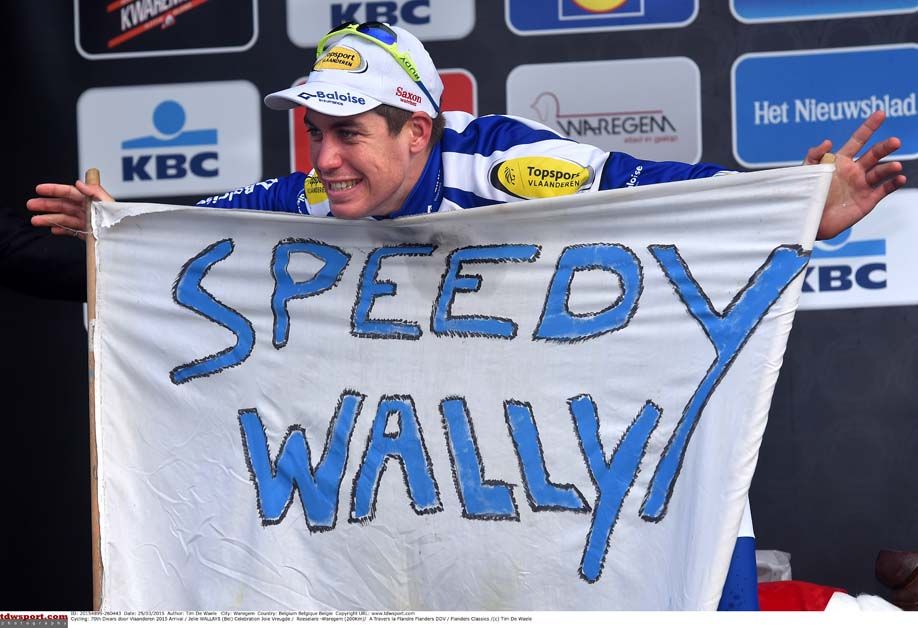 Jelle Wallays on the podium after Dwars door Vlaanderen