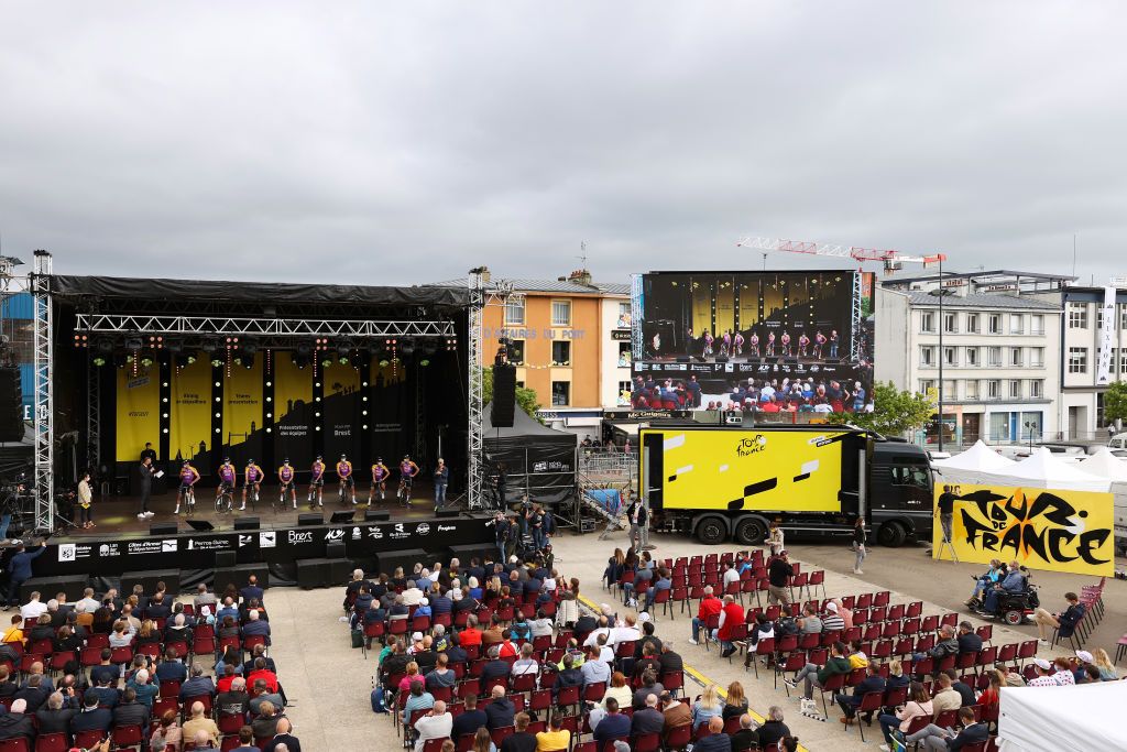 BREST FRANCE JUNE 24 Petr Vako of Czech Republic Kristian Sbaragli of Italy Tim Merlier of Belgium Xandro Meurisse of Belgium Mathieu Van Der Poel of The Netherlands Silvan Dillier of Switzerland Jasper Philipsen of Belgium Jonas Rickaert of Belgium and Team AlpecinFenix during the 108th Tour de France 2021 Team Presentation LeTour TDF2021 on June 24 2021 in Brest France Photo by Tim de WaeleGetty Images