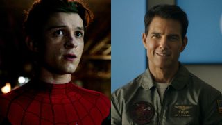 Tom Holland looking worried in the lab in Spider-Man: No Way Home and Tom Cruise grinning with confidence in the briefing room in Top Gun: Maverick, pictured side by side.