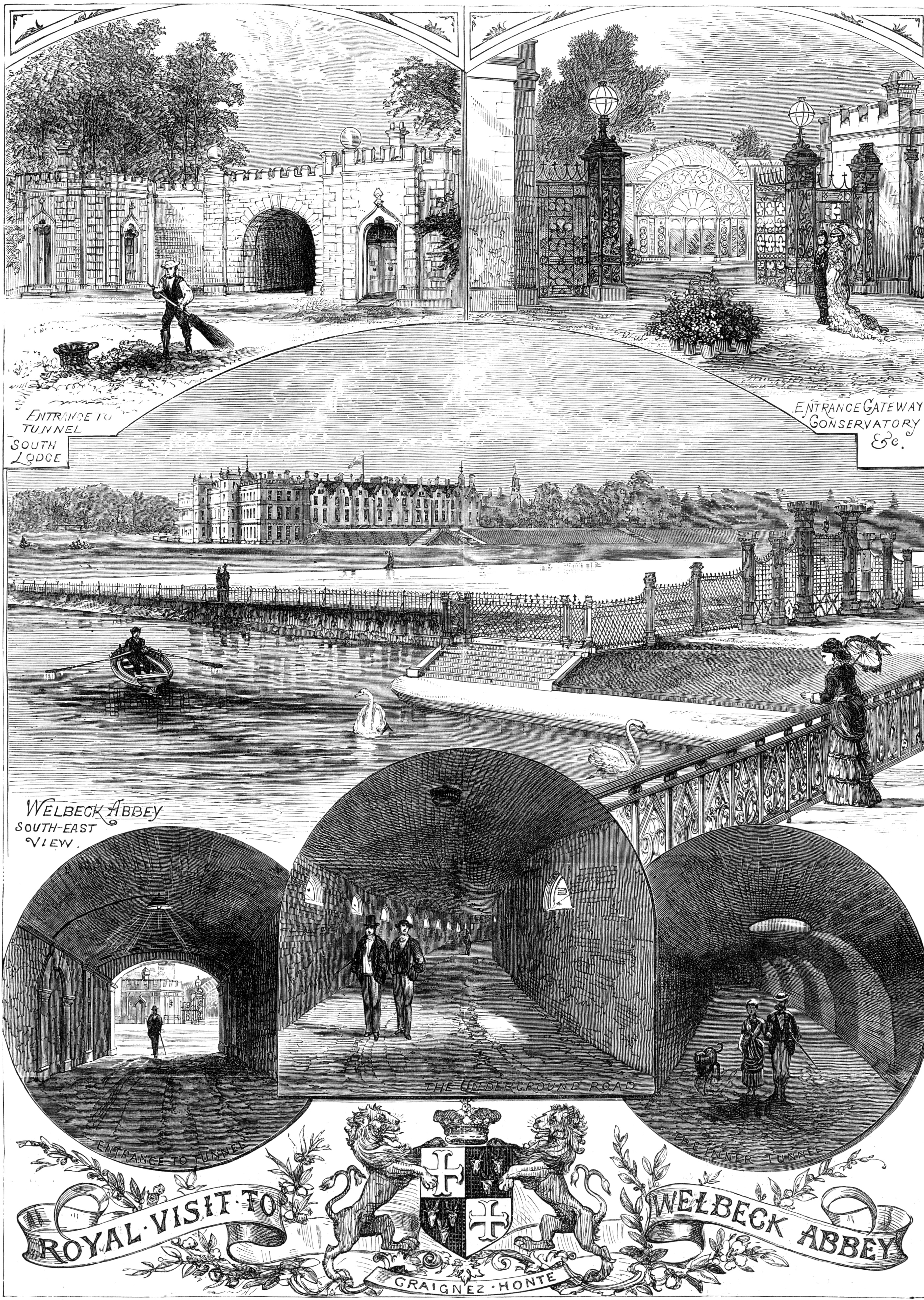 A selection of scenes from Welbeck Abbey as drawn on a black and white panel