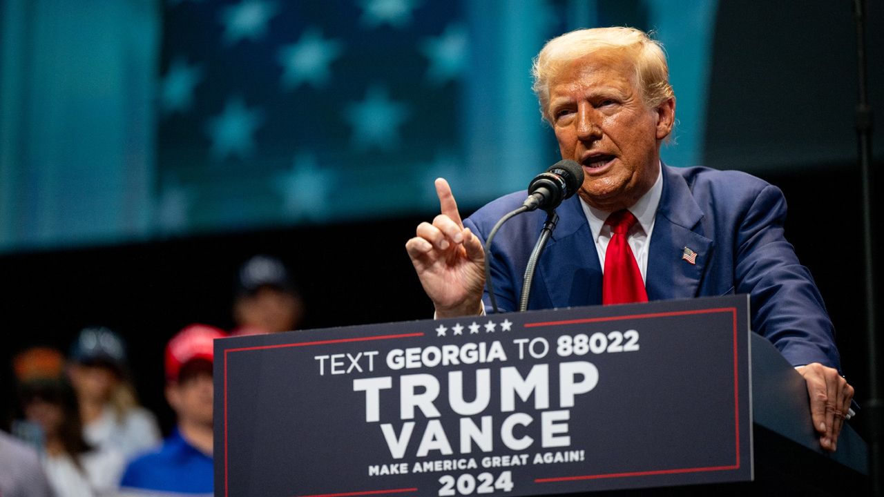 Donald Trump addressing a campaign rally at the Johnny Mercer Theatre in Savannah, Georgia on Tuesday 