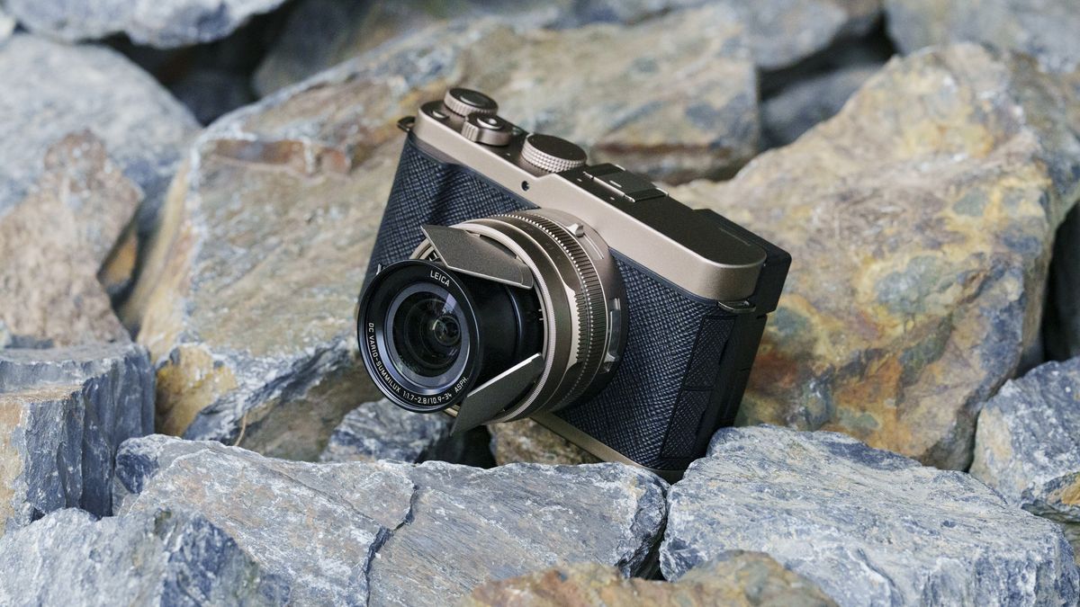 The Gold Titanium Special Edition of the Panasonic Lumix L10 compact camera, sat on gray and rust-colored rocks