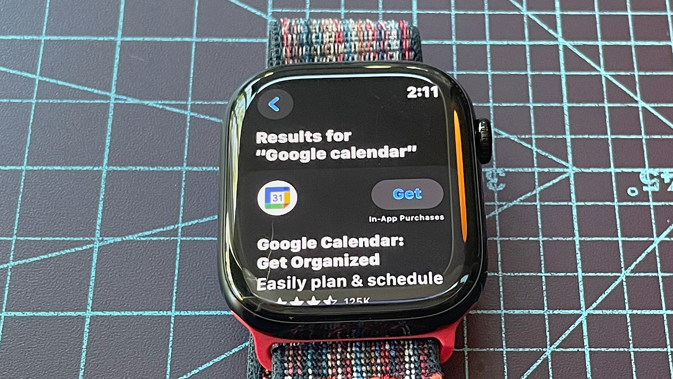 Close up of an Apple Watch Series 10 showing the steps to install the Google Calendar app, including navigating to the app store, searching and downloading the app and syncing it with your iPhone