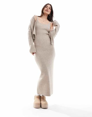 Pretty Lavish Slim Fit Knit Midaxi Dress Co-Ord in Taupe