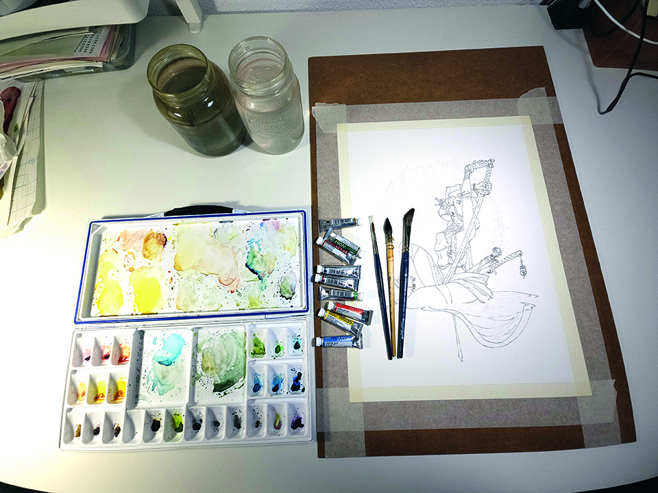 Watercolour geisha; watercolour paints, brushes and a sketch