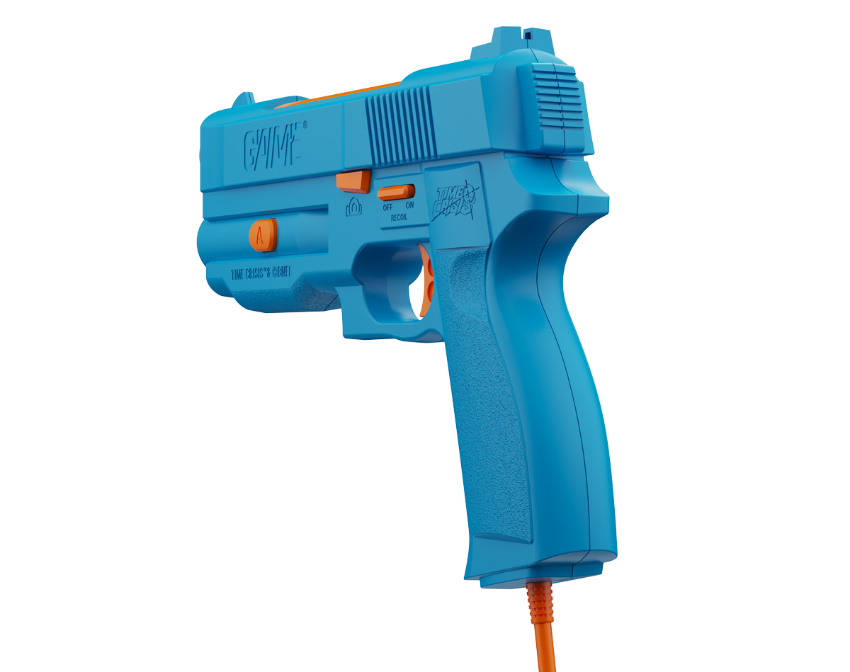 A blue lightgun, console and pedal