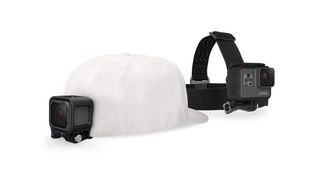 GoPro Head Strap + QuickClip shown on a white baseball cap with a GoPro Hero Session and a GoPro Hero