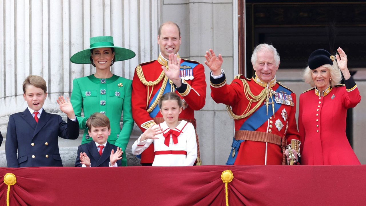 The royal family stands on the balcony of Buckingham Palace at Trooping the Colour in 2023