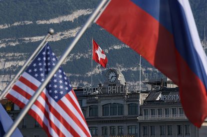 Russian, American, Swiss flags ahead of Biden-Putin meeting.