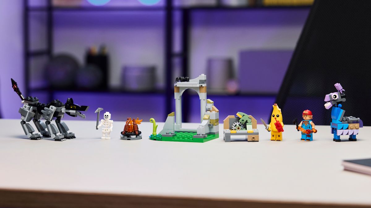 Lego Peely &amp; Sparkplug&rsquo;s Camp laid out on a white surface