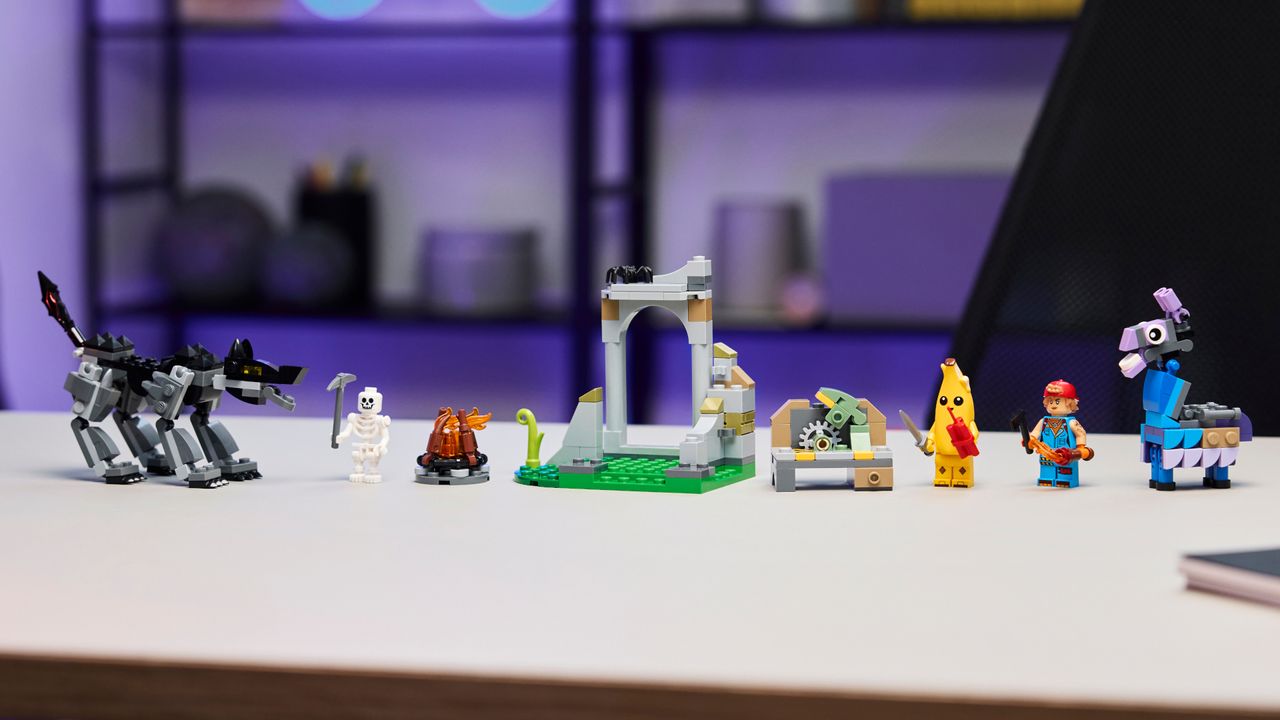 Lego Peely &amp; Sparkplug&rsquo;s Camp laid out on a white surface
