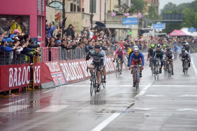 Mark Cavendish (Omega Pharma-QuickStep) won stage 12 of the Giro ahead of Nacer Bouhanni (FDJ) and Luka Mezgec (Argos-Shimano)
