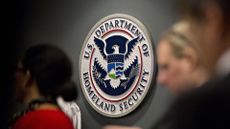 Seal of the US Department of Homeland Security (DHS) pictured on a wall at the US Immigration and Customs Enforcement (ICE) headquarters. 