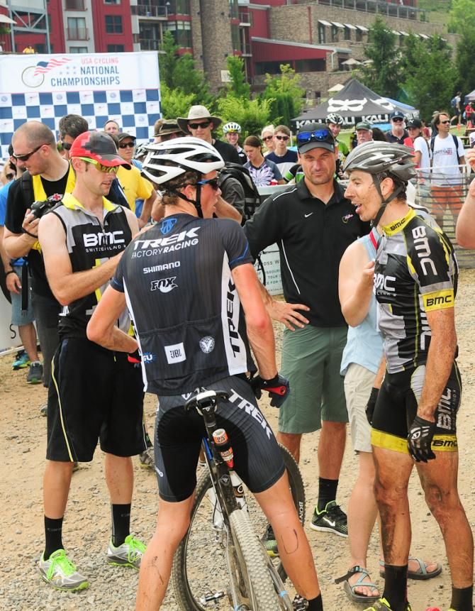 Russell Finsterwald (Trek) congratulating Kerry Werner (BMC) after the race