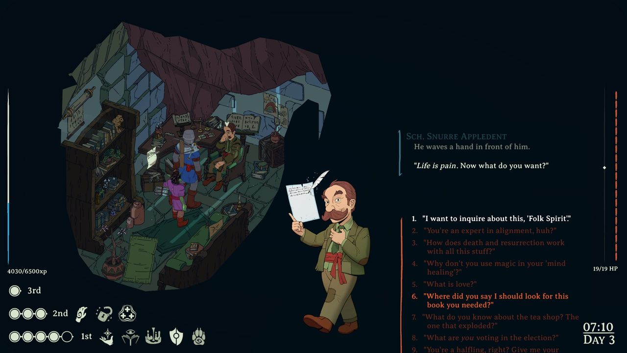 Esoteric Ebb review showing conversation with Halfling psychoanalyst in cramped office.