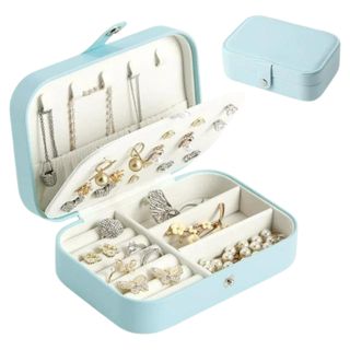 Casegrace light blue portable jewelry box with double layer display and organization for rings earrings brooches and necklace