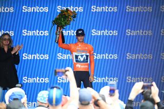 URAIDLA AUSTRALIA JANUARY 23 Javier Romo of Spain and Movistar Team celebrates at podium as Orange Santos Leaders Jersey winner during the 25th Santos Tour Down Under 2025 Stage 3 a 1475km stage from Norwood to Uraidla 491m UCIWT on January 22 2025 in Uraidla Australia Photo by Dario BelingheriGetty Images