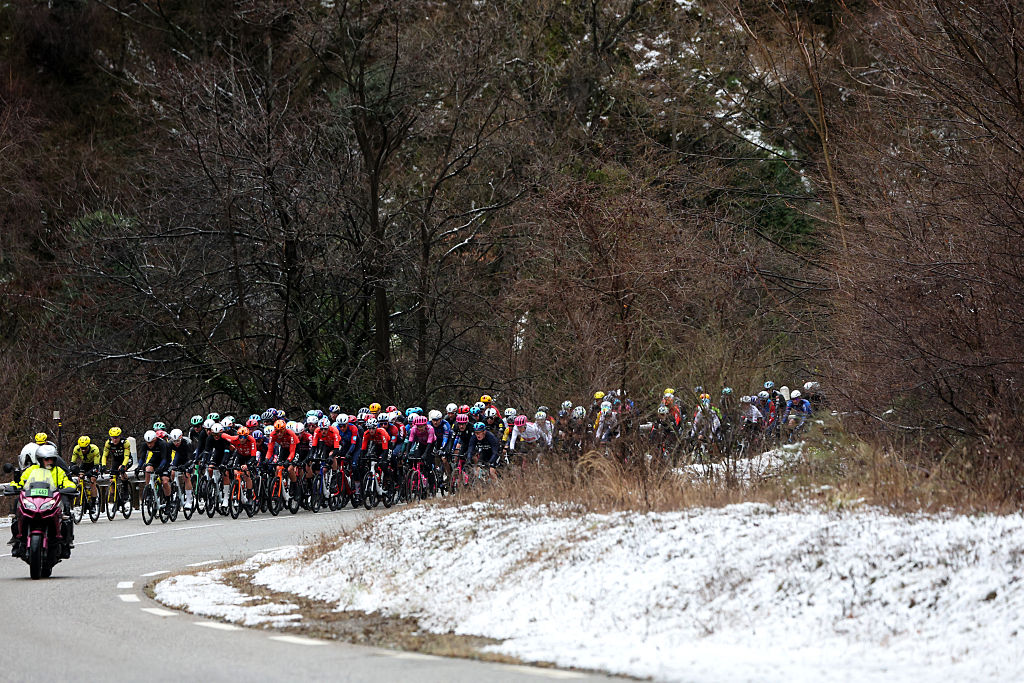 The pack rides during the 7th stage of the Paris-Nice cycling race, 47 km between Le Broc and Isola-Village, on March 14, 2026. Due to deteriorating weather conditions, the route of stage 7 has been changed to a 47 km race from Le Broc to Isola. (Photo by Anne-Christine POUJOULAT / AFP)