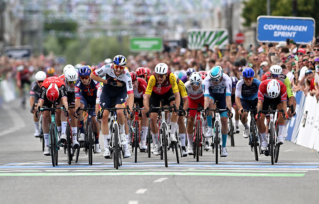 COPENHAGEN, DENMARK - JUNE 22: Jordi Meeus of Belgium and Team Red Bull - BORA - hansgrohe (C) celebrates at finish line as race winner ahead of (L-R) Arnaud Demare of France and Team Arkea - B&amp;B Hotels, Alexis Renard of France and Team Cofidis, Phil Bauhaus of Germany and Team Bahrain - Victorious and Dylan Groenewegen of Netherlands and Team Jayco AlUla during the 1st Copenhagen Sprint 2025 - Men&#039;s Elite a 235.6km one day race from Roskilde to Copenhagen / #UCIWT / on June 22, 2025 in Copenhagen, Denmark. (Photo by Szymon Gruchalski/Getty Images)
