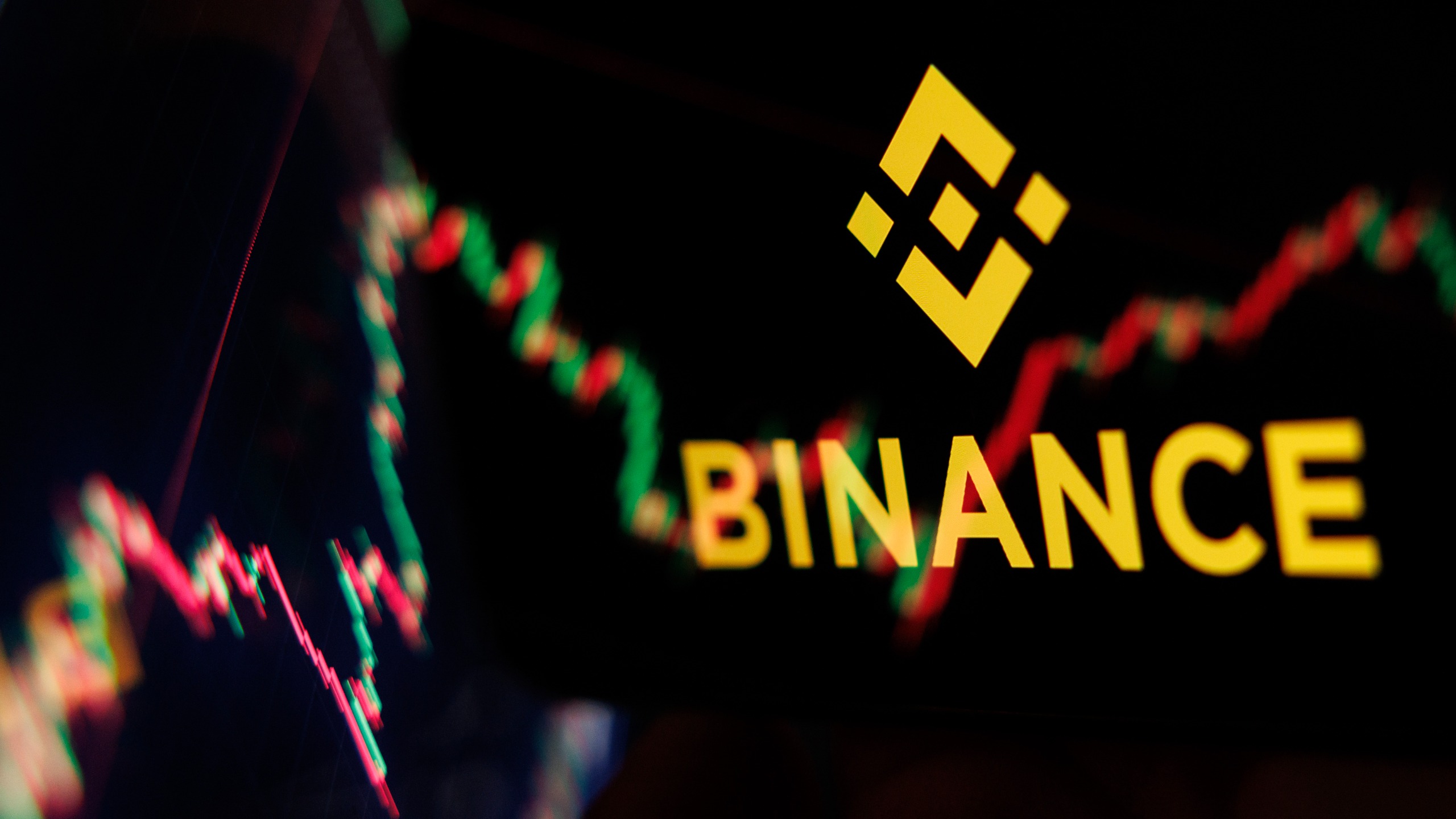 The Binance logo in front of a stock market line graph