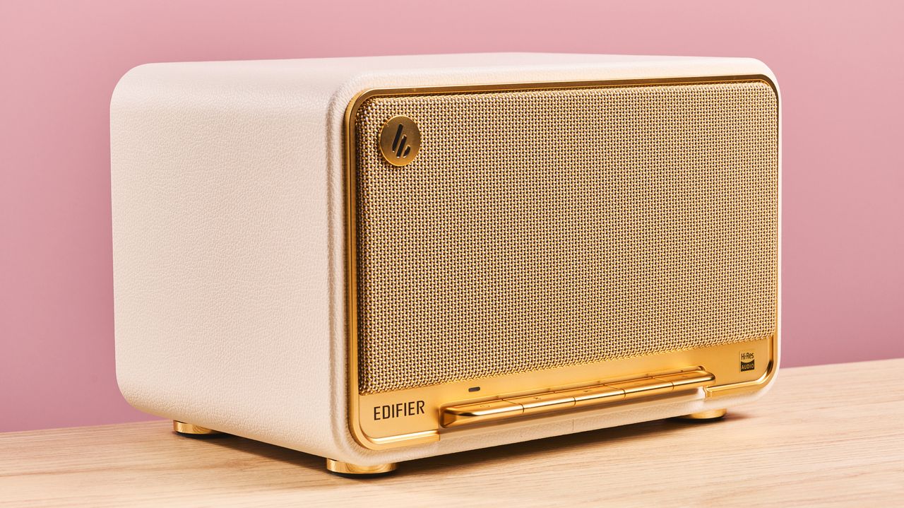 Edifier D32 against pink background