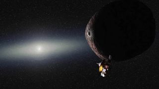 Artist's illustration of the New Horizons spacecraft flying by the Kuiper Belt object 2014 MU69 on Jan. 1, 2019