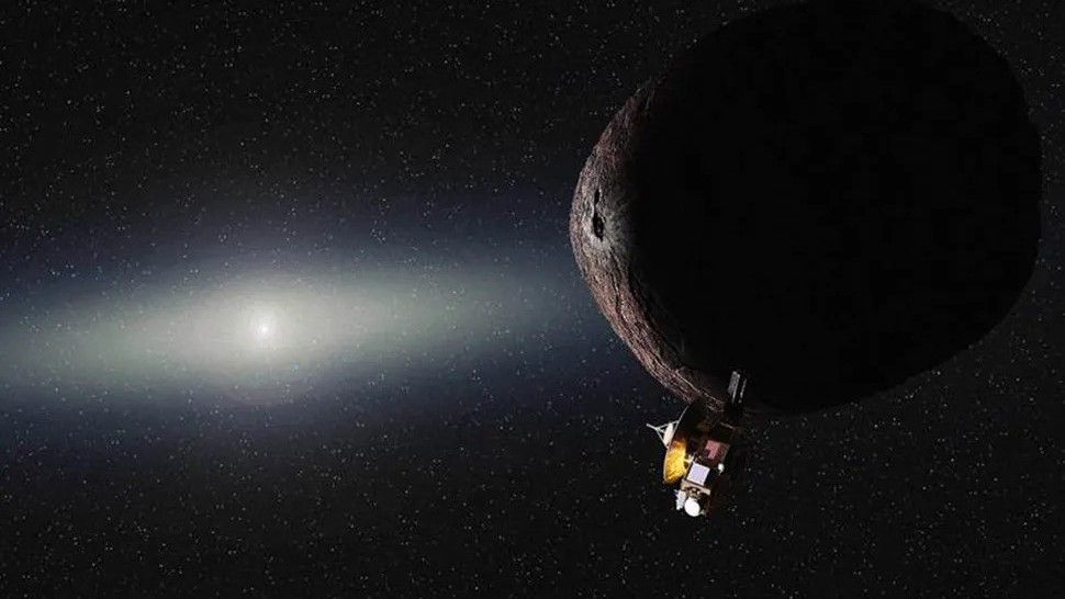 Artist&#039;s illustration of the New Horizons spacecraft flying by the Kuiper Belt object 2014 MU69 on Jan. 1, 2019