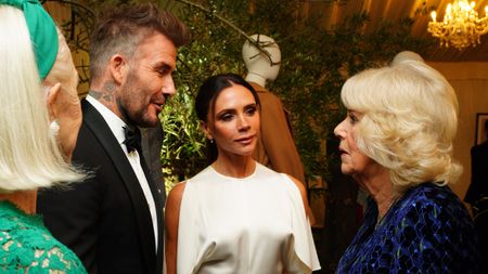 Queen Camilla talks with Dame Helen Mirren and David Beckham and Victoria Beckham, during a dinner in celebration of Slow Food at King Charles III's Gloucestershire estate, Highgrove