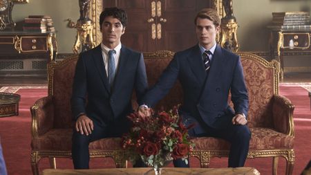 Nicholas Galitzine as Prince Henry and Taylor Zakhar Perez as Alex Claremont-Diaz in Prime Video's Red, White & Royal Blue.