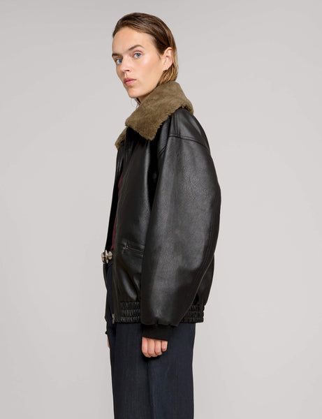 Fur Collar Leather Bomber Jacket