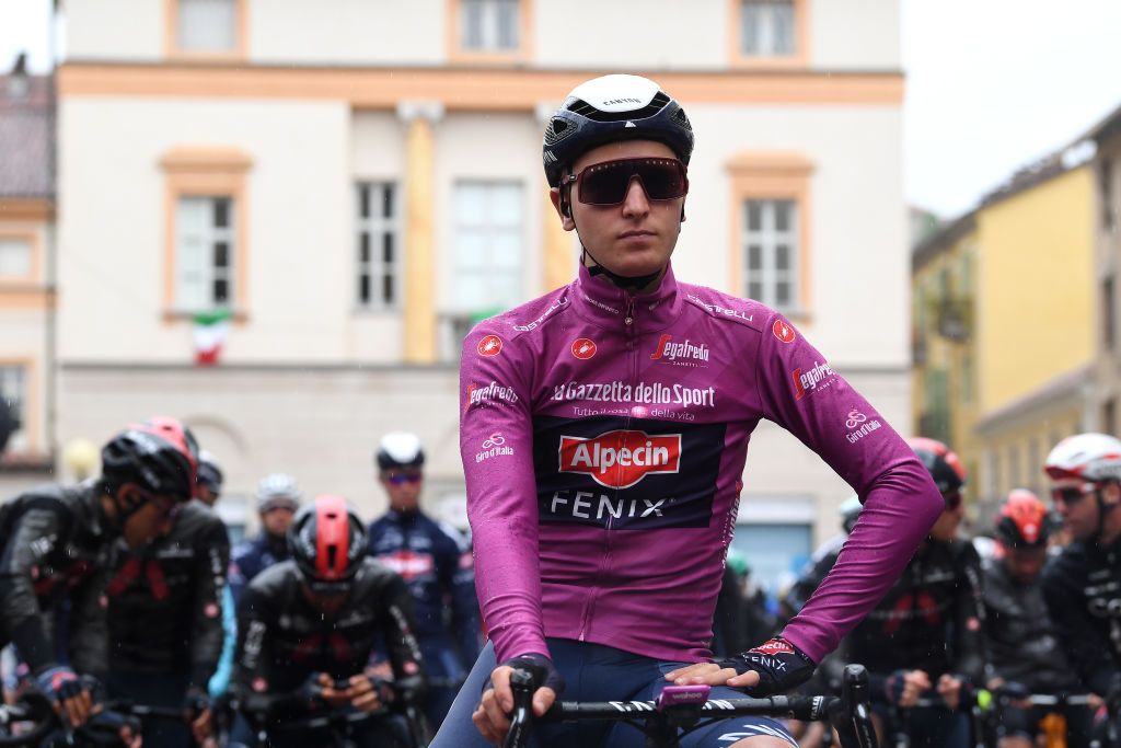 CANALE ITALY MAY 10 Tim Merlier of Belgium and Team AlpecinFenix Purple Points Jersey at start during the 104th Giro dItalia 2021 Stage 3 a 190km stage from Biella to Canale girodiitalia Giro on May 10 2021 in Canale Italy Photo by Tim de WaeleGetty Images