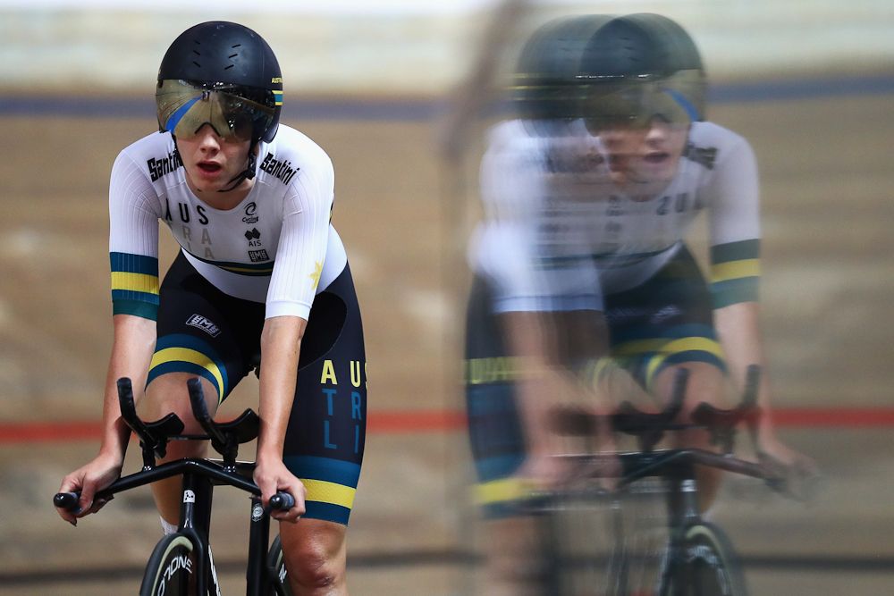 Amy Cure of Australia competes in the women's pursuit qualifying on day one of the UCI Track Cycling World Championships