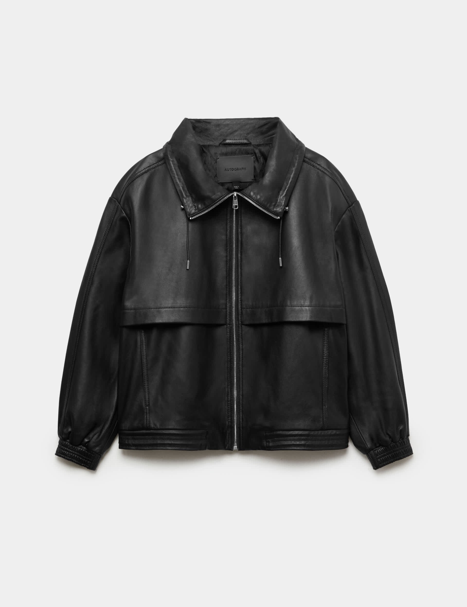 Leather Funnel Neck Faux Fur Trim Bomber Jacket