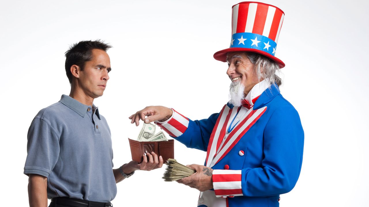 picture of Uncle Sam taking money out of a man&amp;#039;s wallet