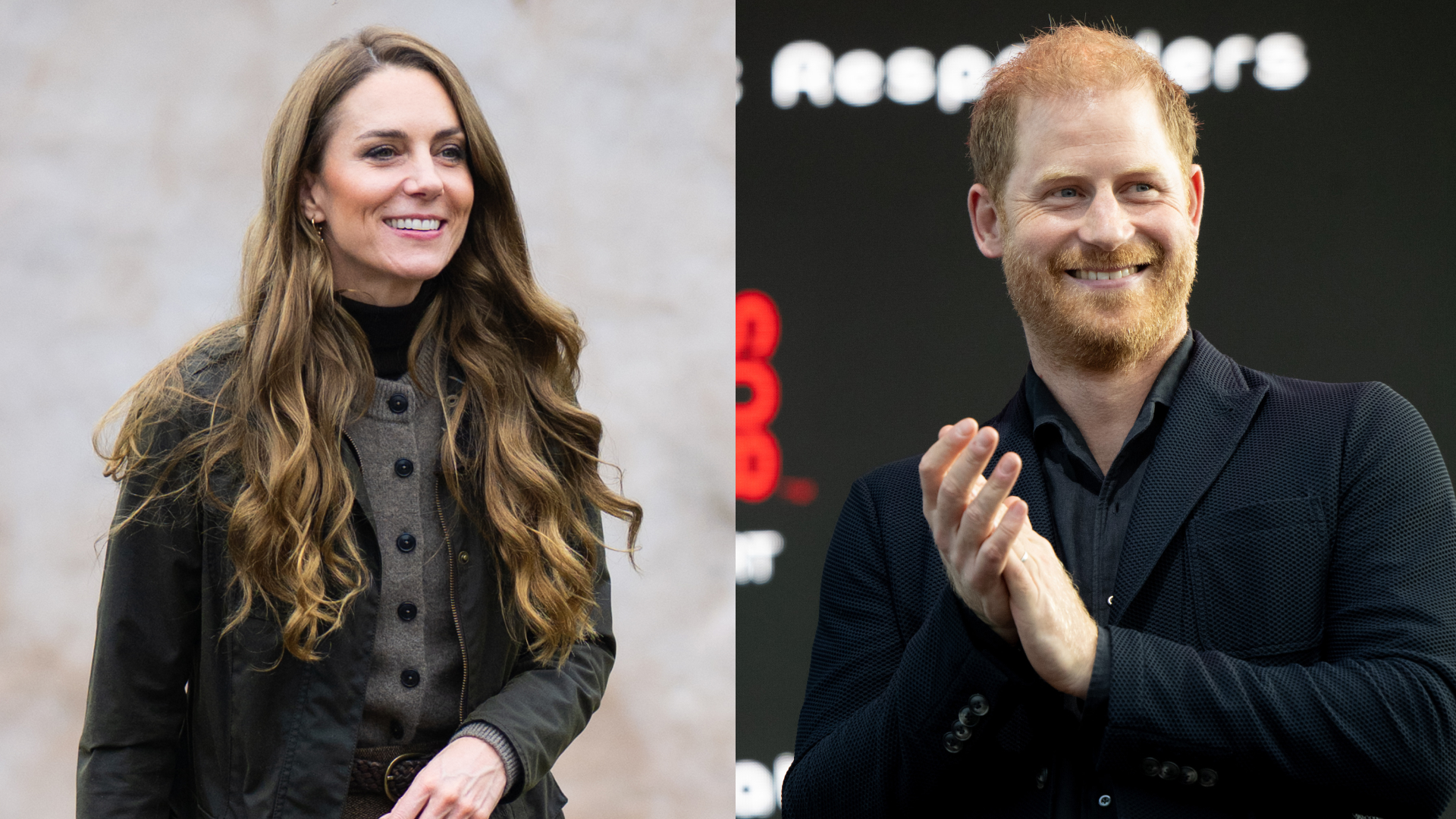 Princess Kate wearing a brown cardigan; Prince Harry wearing a dark suit and clapping